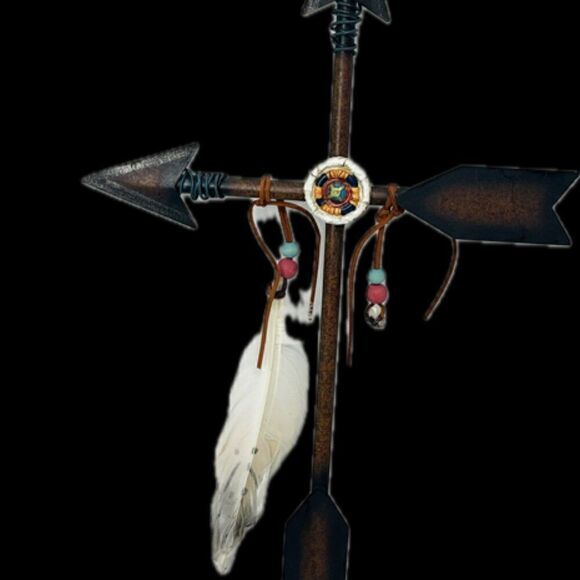 Metal Arrow Cross Tribal Native Wall Sign Hang Feathers  18” x 11”  Weight: 8oz - Picture 4 of 4